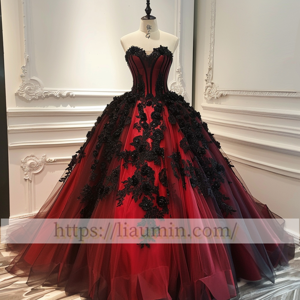 Red and Black Tulle Strapless Full Length Evening Prom Wedding Formal Princess Dress Hand Made W15-7.17