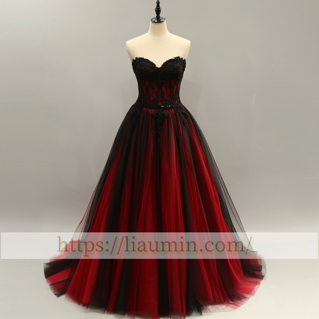 Red and Black Tulle Strapless Full Length Evening Prom Wedding Formal Princess Dress Custom W15-7.1