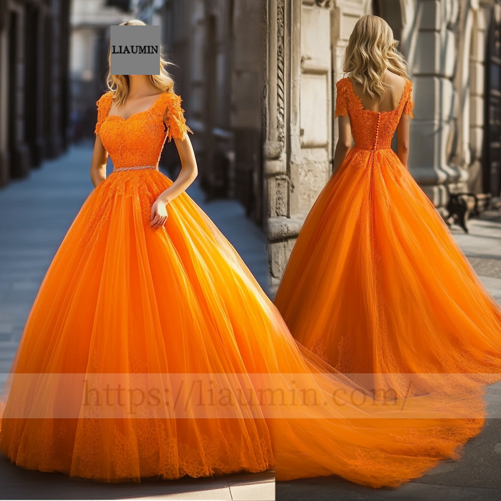 Custom Orange Tulle With Lace Applique Wedding Evening Prom Formal Princess Dress C-7.2