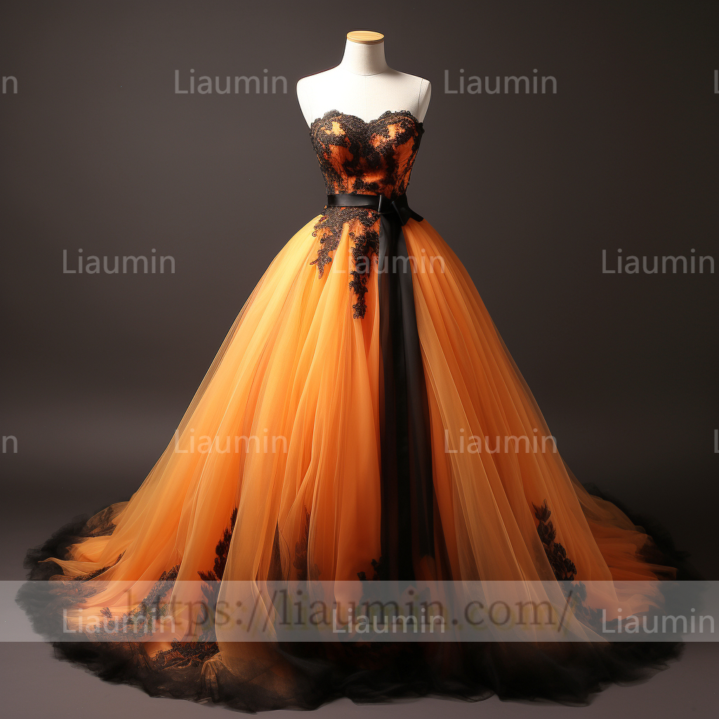 Custom Made Orange Tulle Black Lace Applique Strapless Evening Party Prom Formal Dress B-7.2