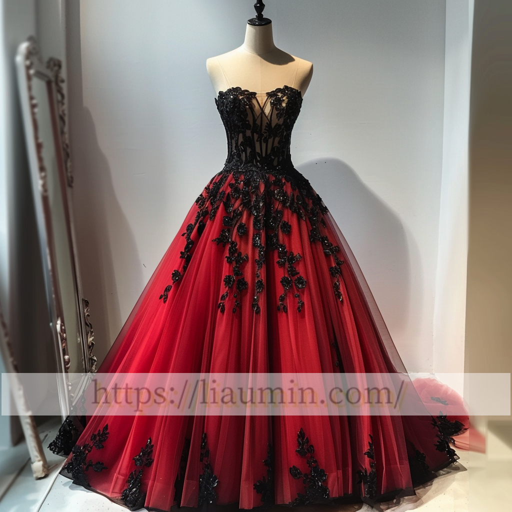 Red and Black Tulle Strapless Full Length Evening Prom Wedding Formal Princess Dress Custom W15-7.2