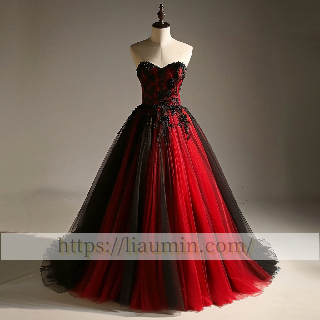 Red and Black Tulle Strapless Full Length Evening Prom Wedding Formal Princess Dress Custom  W15-7.3