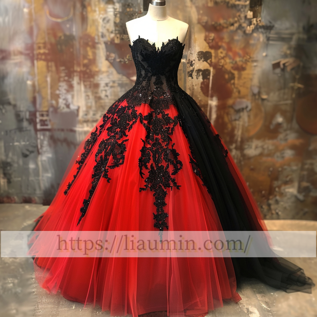 Red and Black Tulle Strapless Full Length Evening Prom Wedding Formal Princess Dress Custom W15-7.4