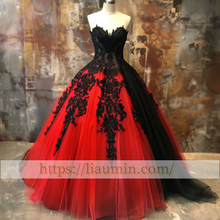 Load image into Gallery viewer, Red and Black Tulle Strapless Full Length Evening Prom Wedding Formal Princess Dress Custom W15-7.4

