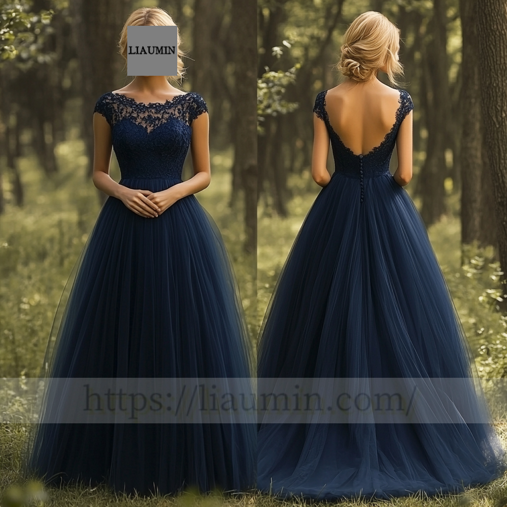 Custom Navy Blue Tulle With Lace Applique Wedding Evening Prom Formal Princess Dress C-7.4