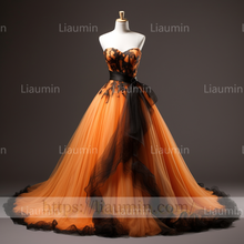 Load image into Gallery viewer, Custom Hand Made Orange Tulle Black Lace Applique Lace Up Back Evening Party Prom Wedding Formal Dress B-7.4
