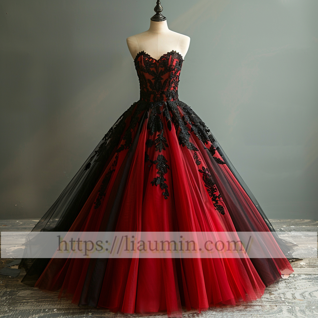 Red and Black Tulle Strapless Full Length Evening Prom Wedding Formal Princess Dress Hand Made W15-7.5