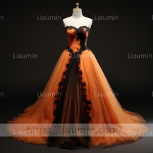 Load image into Gallery viewer, Custom Made Orange Tulle Black Lace Applique Strapless Evening Party Prom Formal Dress B-7.5
