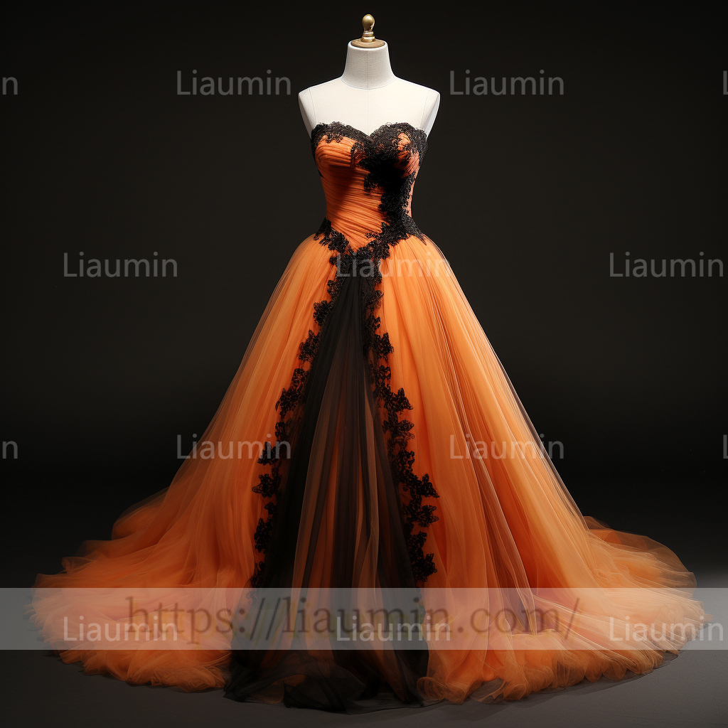 Custom Made Orange Tulle Black Lace Applique Strapless Evening Party Prom Formal Dress B-7.5