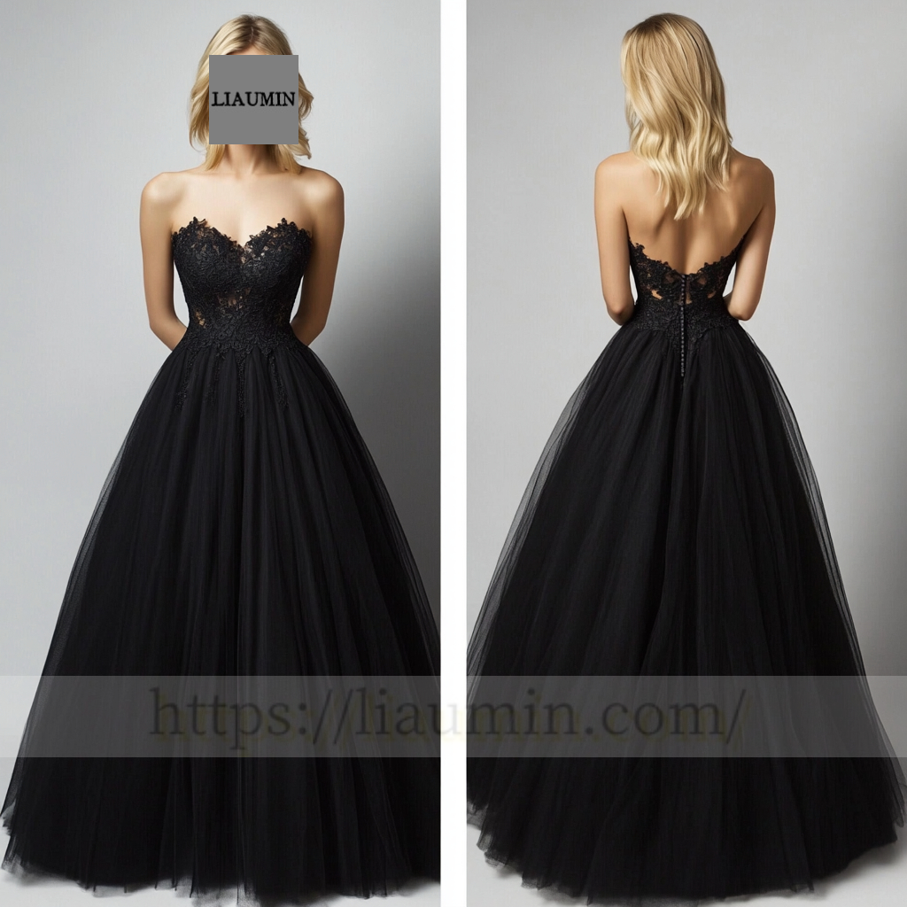 Custom Black Tulle With Lace Applique Wedding Evening Prom Formal Princess Dress C-7.5