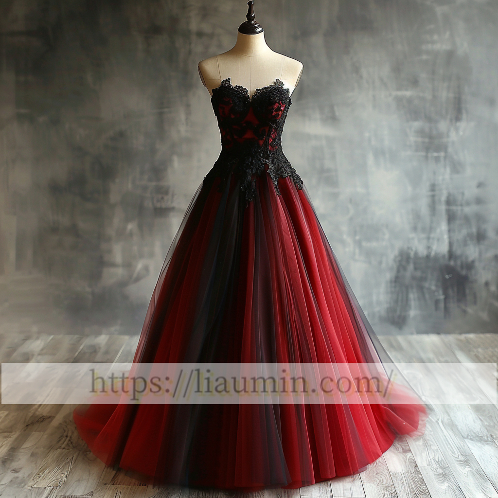 Red and Black Tulle Strapless Full Length Evening Prom Wedding Formal Princess Dress Hand Made W15-7.6