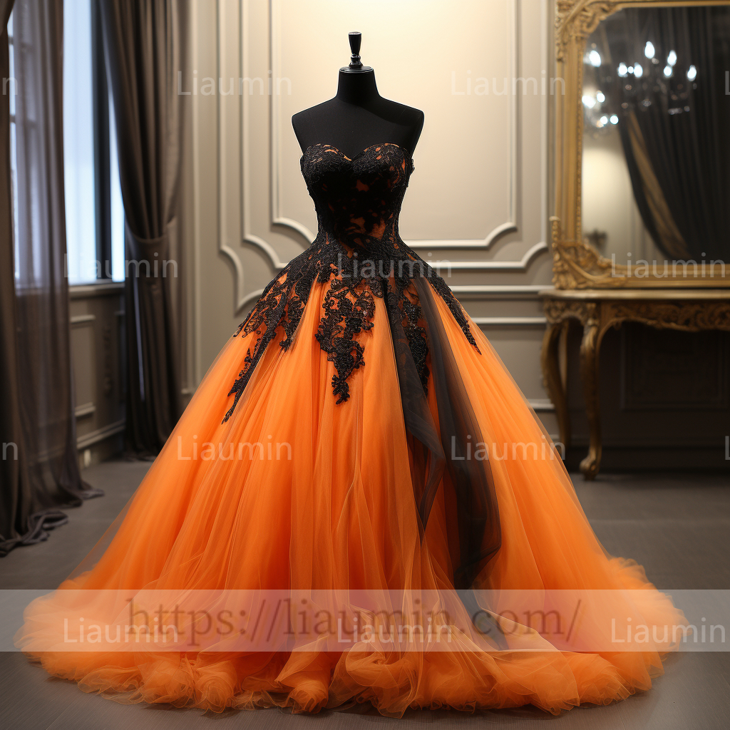 Custom Hand Made Orange Tulle Black Lace Applique Lace Up Back Evening Party Prom Wedding Formal Dress B-7.6