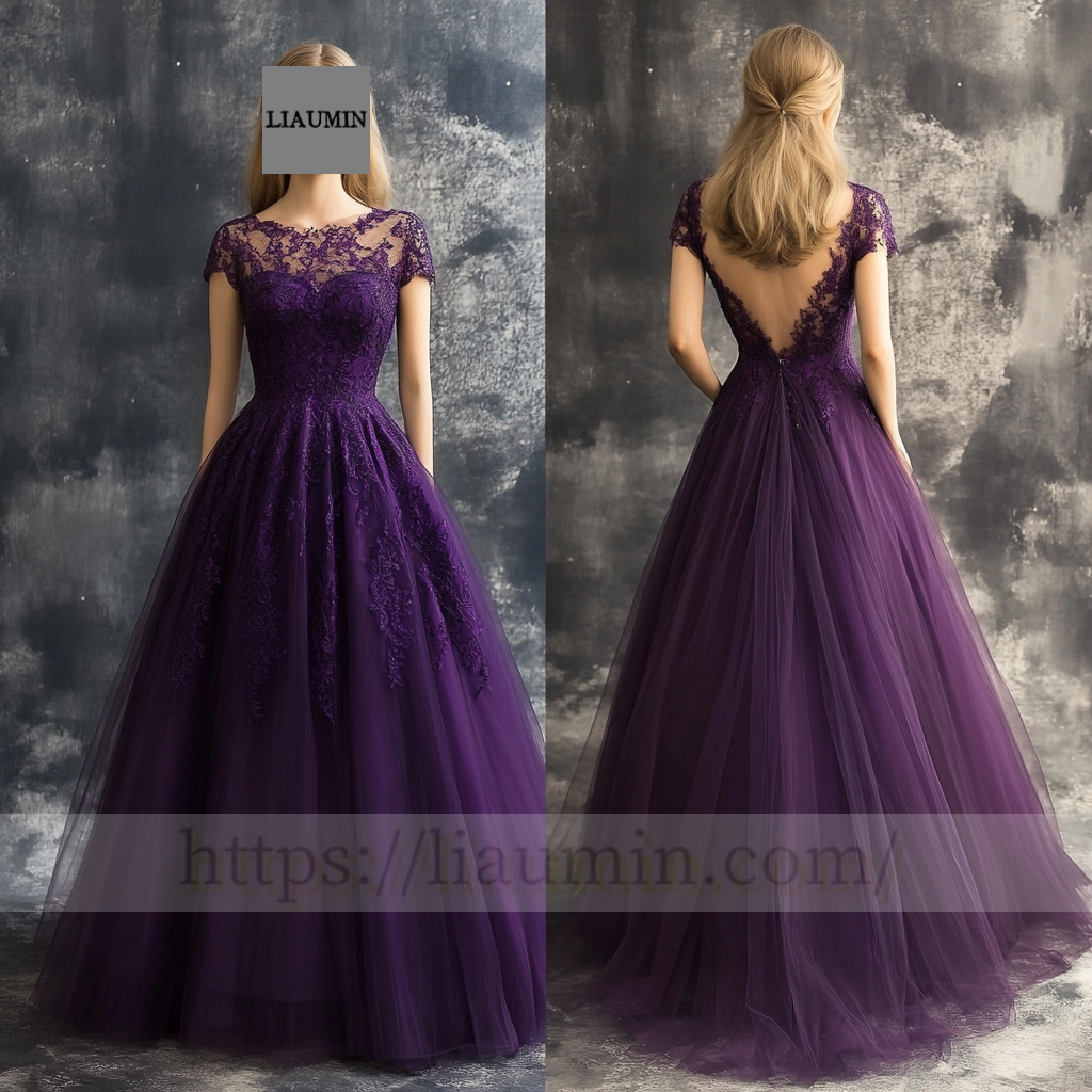 Custom Purple Tulle With Lace Applique Wedding Evening Prom Formal Princess Dress C-7.6