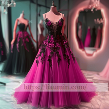 Load image into Gallery viewer, Black Lace Applique Strapless Full Length Lace Up Back Evening Party Prom Princess Dress  W13-7
