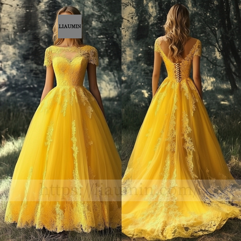 Custom Yellow Tulle With Lace Applique Wedding Evening Prom Formal Princess Dress C-7.7