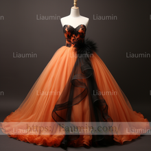 Load image into Gallery viewer, Custom Hand Made Orange Tulle Black Lace Applique Strapless Evening Party Prom Formal Dress B-7.7
