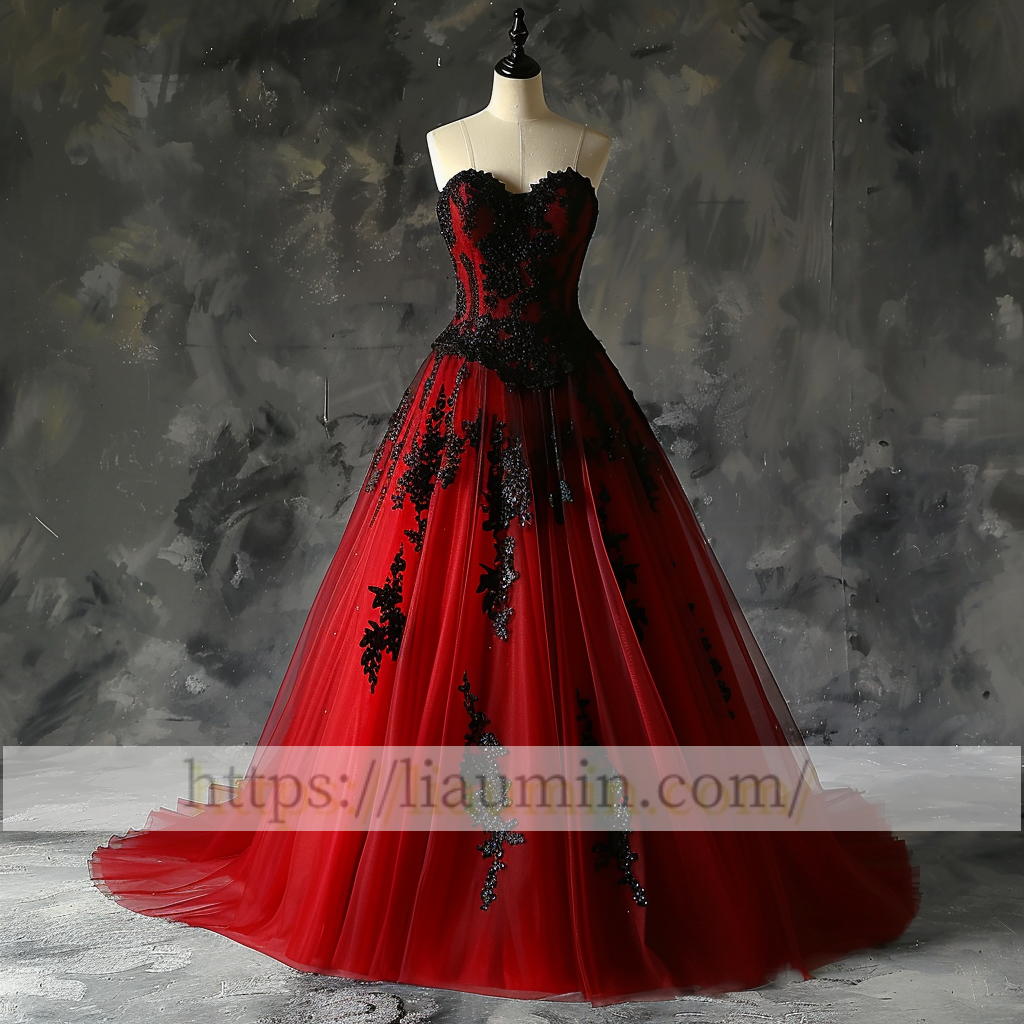 Red and Black Tulle Strapless Full Length Evening Prom Wedding Formal Princess Dress Hand Made W15-7.8