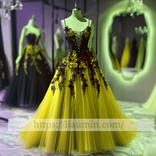 Load image into Gallery viewer, Black Lace Applique Strapless Full Length Lace Up Back Evening Party Prom Princess Dress  W13-7
