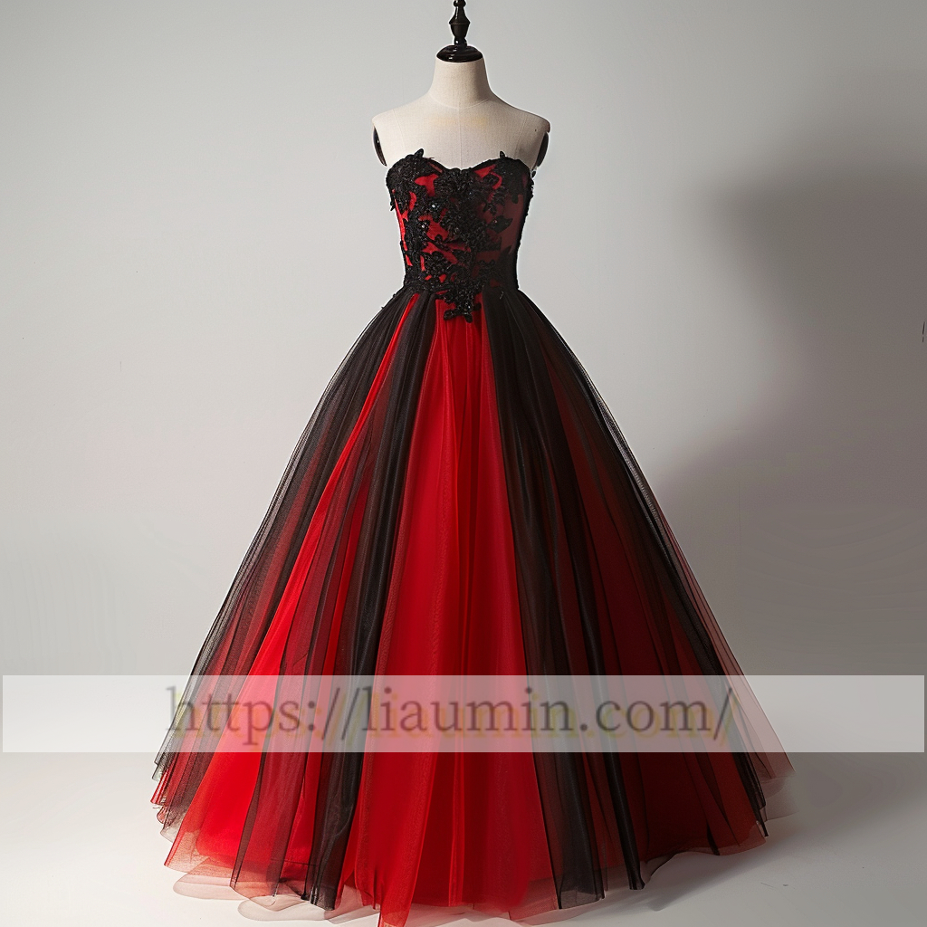 Red and Black Tulle Strapless Full Length Evening Prom Wedding Formal Princess Dress Hand Made Custom W15-7.9