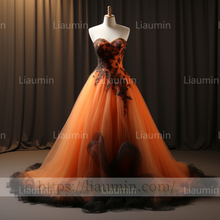 Load image into Gallery viewer, Custom Made Orange Tulle Black Lace Applique Lace Up Back Evening Party Prom Wedding Formal Dress B-7.9
