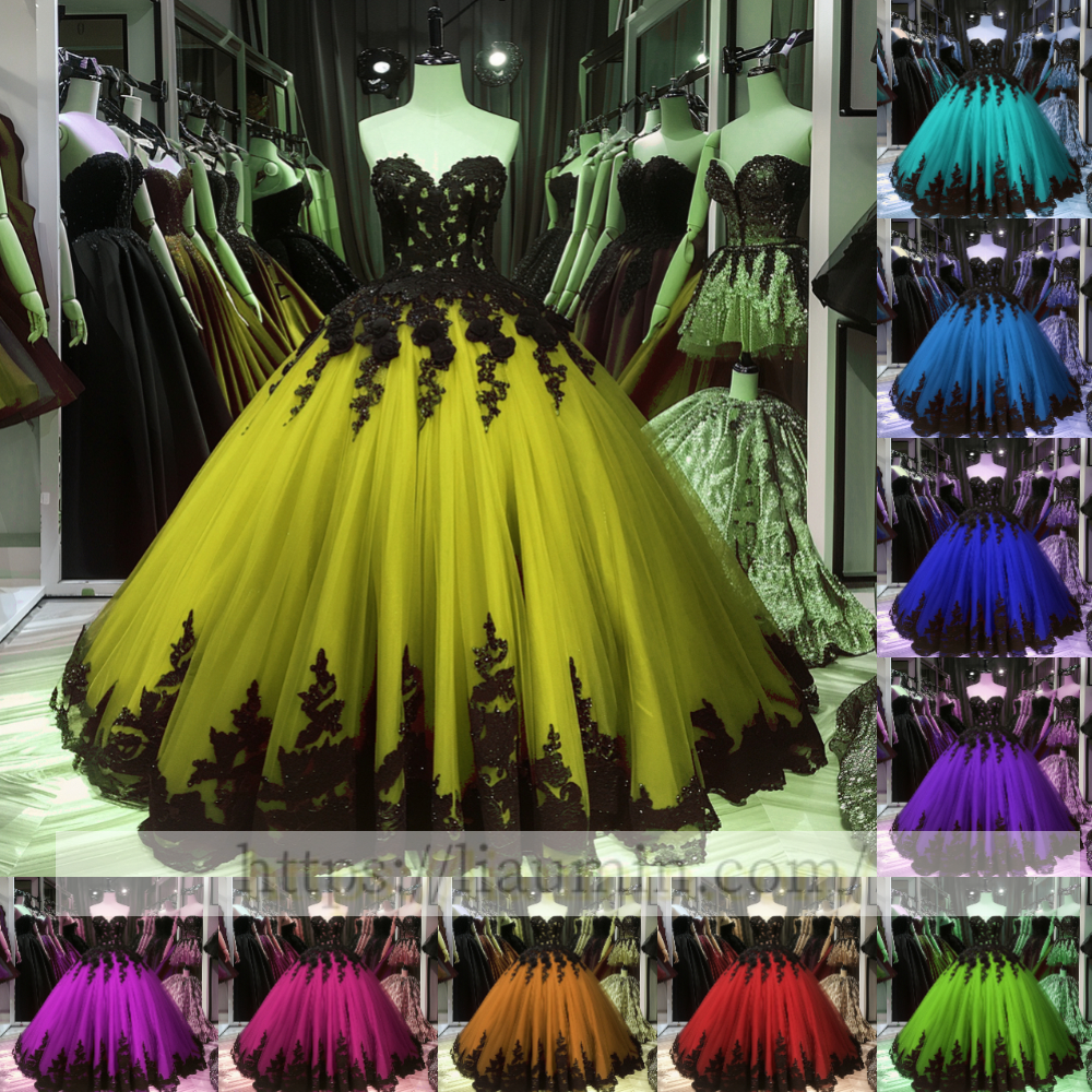 Black Lace Applique Strapless Full Length Ball Gown Evening Party Prom Princess Dress  W13-8