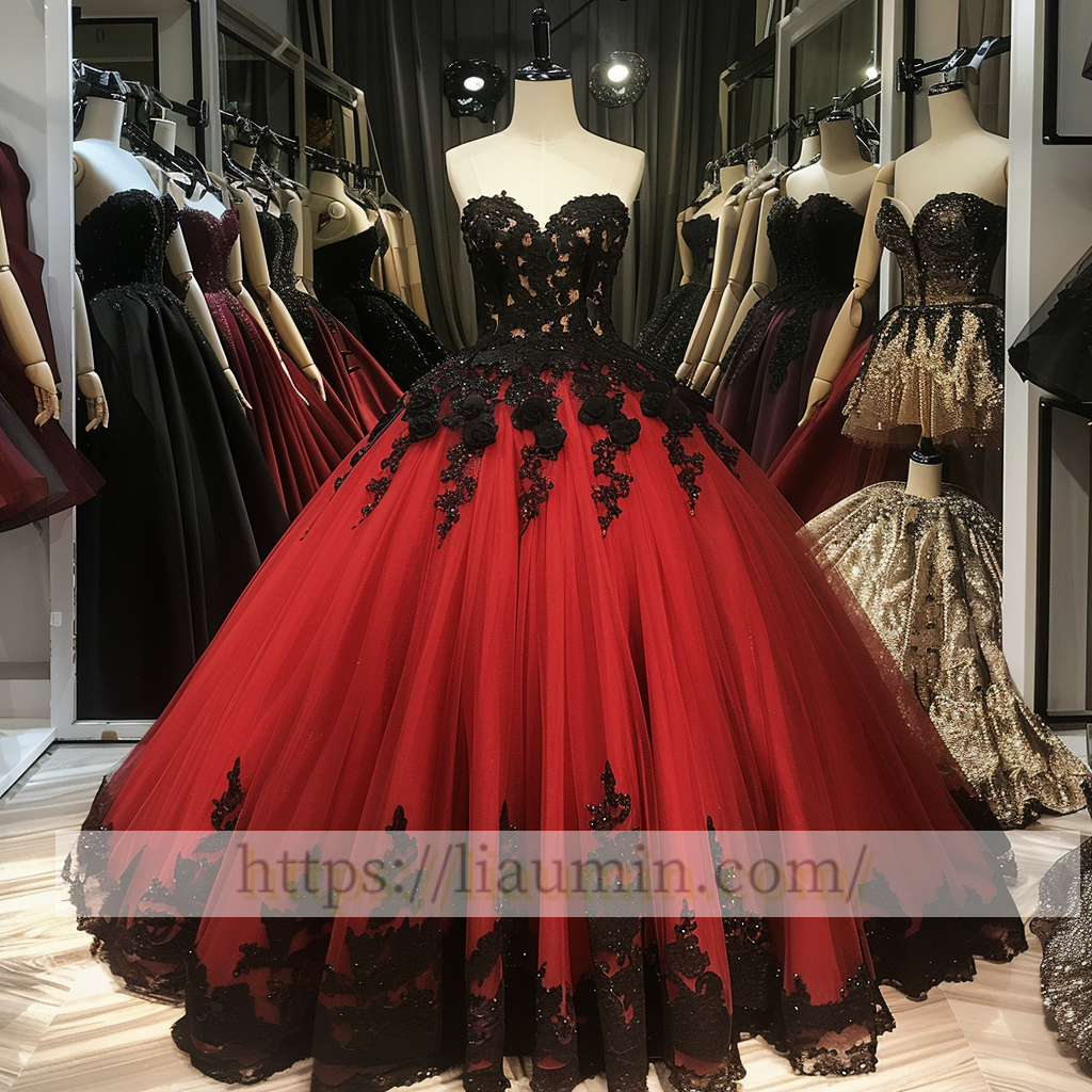 Black Lace Applique Strapless Full Length Ball Gown Evening Party Prom Princess Dress  W13-8