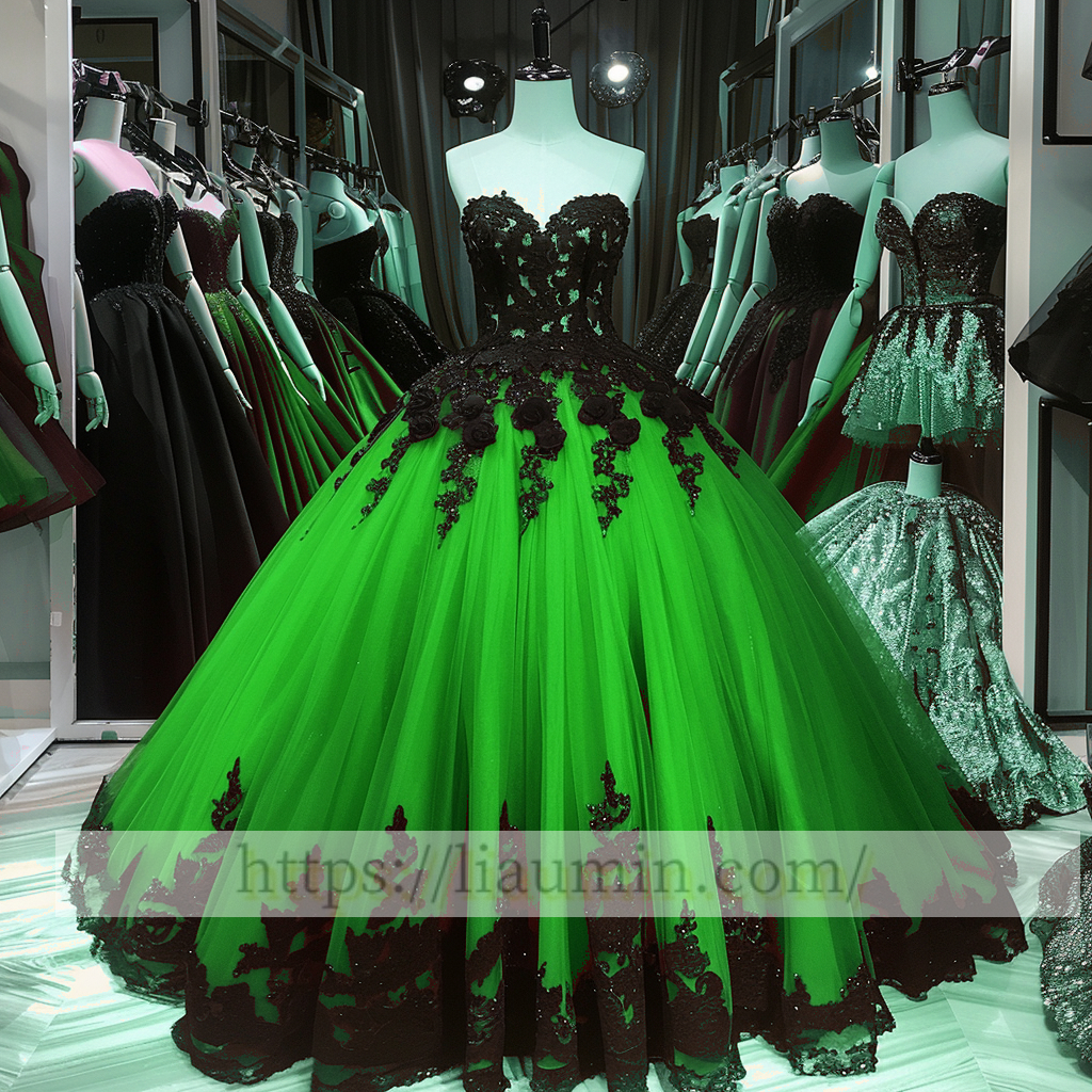 Black Lace Applique Strapless Full Length Ball Gown Evening Party Prom Princess Dress  W13-8