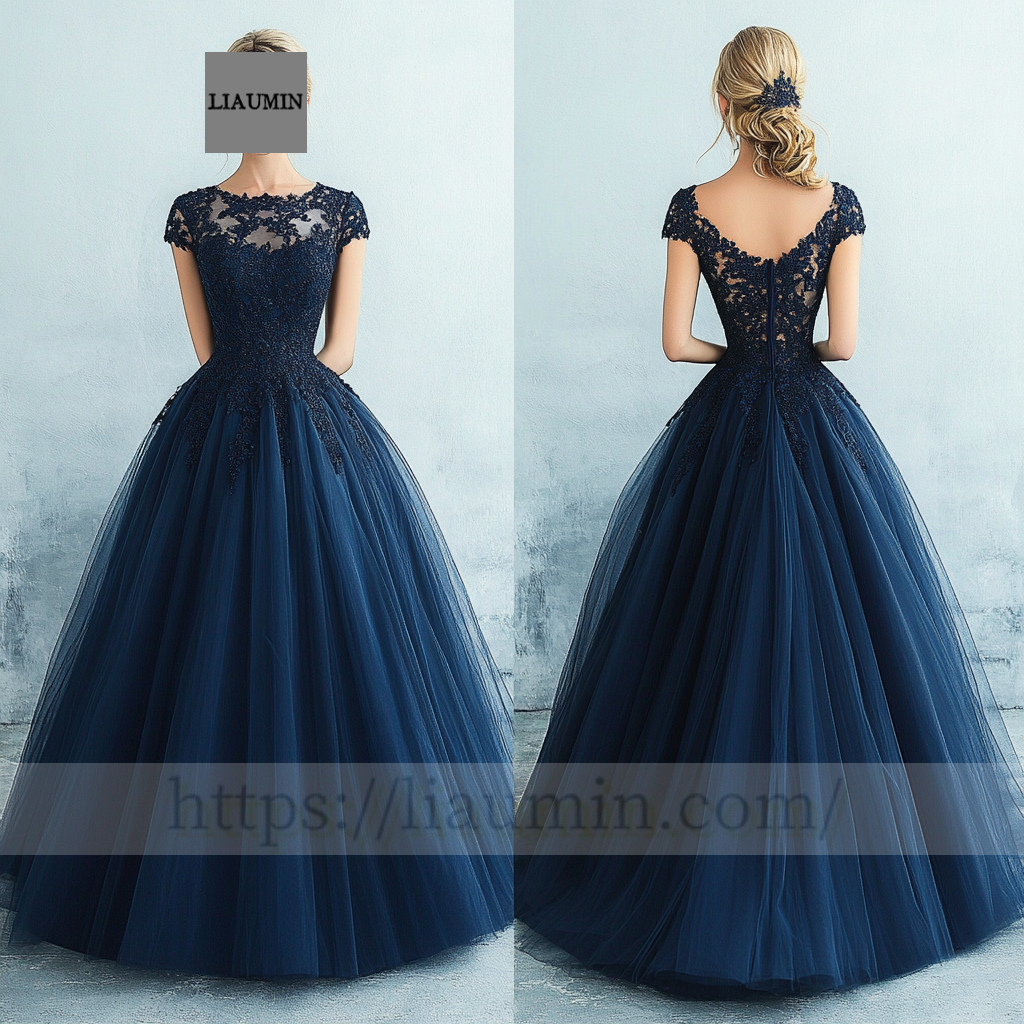 Custom Navy Blue Tulle With Lace Applique Wedding Evening Prom Formal Princess Dress C-8.1