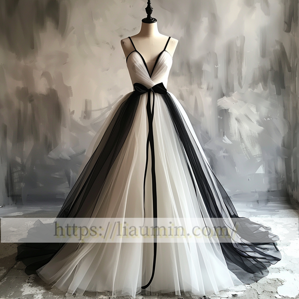 White and Black Tulle V Neck Full Length Evening Prom Wedding Formal Princess Dress Hand Made W15-8.1