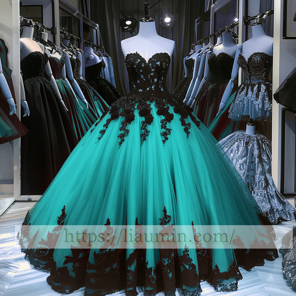 Black Lace Applique Strapless Full Length Ball Gown Evening Party Prom Princess Dress  W13-8