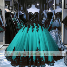 Load image into Gallery viewer, Black Lace Applique Strapless Full Length Ball Gown Evening Party Prom Princess Dress  W13-8
