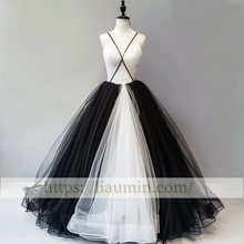 Load image into Gallery viewer, White and Black Tulle V Neck Full Length Evening Prom Wedding Formal Princess Dress Hand Made  W15-8.2
