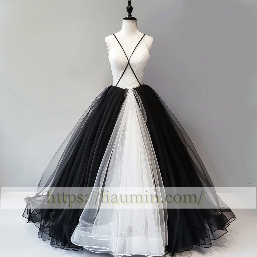 White and Black Tulle V Neck Full Length Evening Prom Wedding Formal Princess Dress Hand Made  W15-8.2