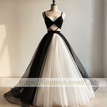Load image into Gallery viewer, White and Black Tulle V Neck Full Length Evening Prom Wedding Formal Princess Dress Hand Made Custom W15-8.3
