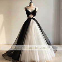 Load image into Gallery viewer, White and Black Tulle V Neck Full Length Evening Prom Wedding Formal Princess Dress Hand Made Custom W15-8.4
