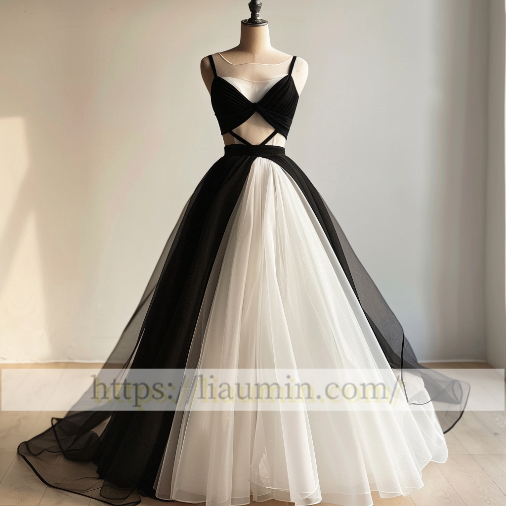 White and Black Tulle V Neck Full Length Evening Prom Wedding Formal Princess Dress Hand Made Custom W15-8.4