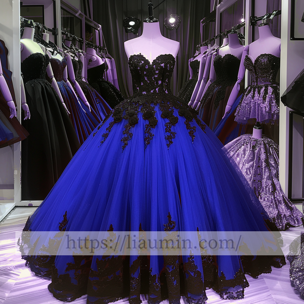 Black Lace Applique Strapless Full Length Ball Gown Evening Party Prom Princess Dress  W13-8