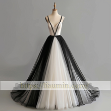 Load image into Gallery viewer, White and Black Tulle V Neck Full Length Evening Prom Wedding Formal Princess Dress Hand Made W15-8.5
