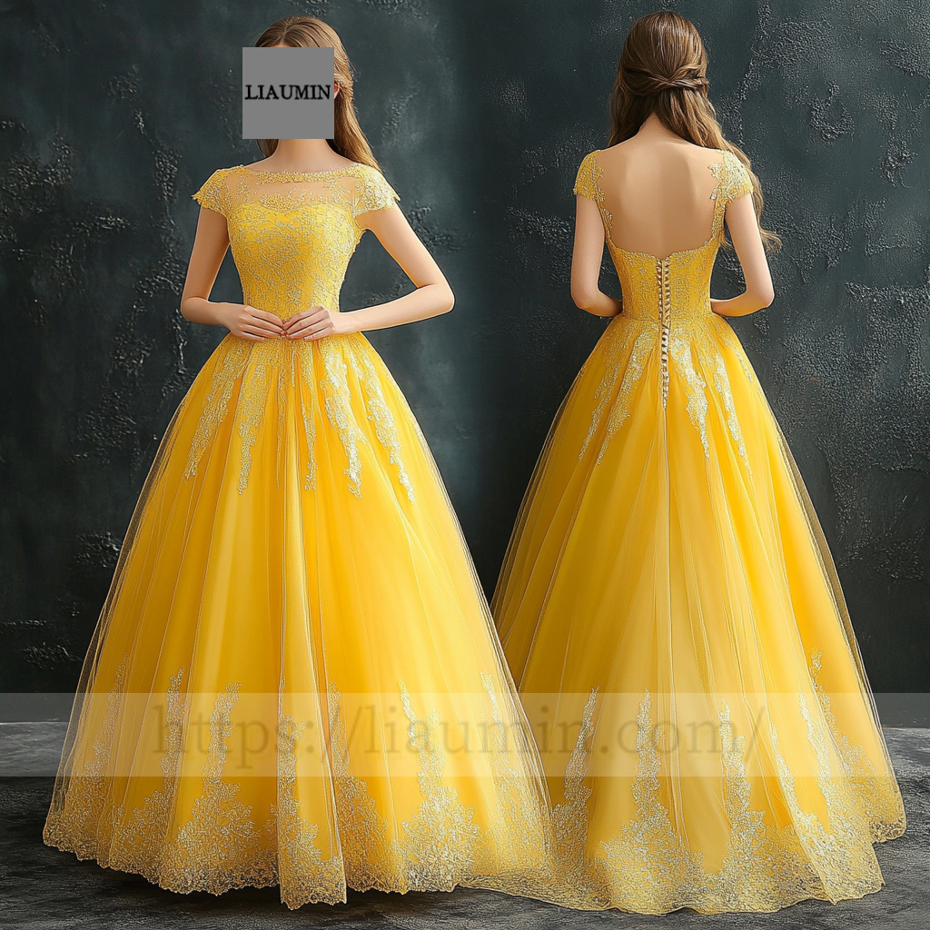 Custom Yellow Tulle With Lace Applique Wedding Evening Prom Formal Princess Dress C-8.5