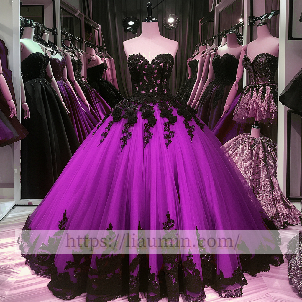 Black Lace Applique Strapless Full Length Ball Gown Evening Party Prom Princess Dress  W13-8