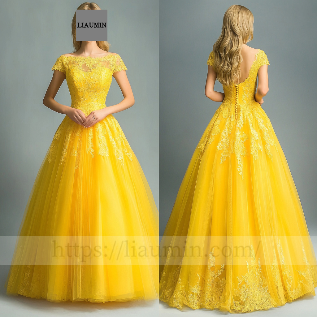 Custom Yellow Tulle With Lace Applique Wedding Evening Prom Formal Princess Dress C-8.6