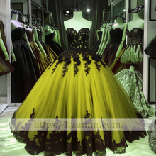 Load image into Gallery viewer, Black Lace Applique Strapless Full Length Ball Gown Evening Party Prom Princess Dress  W13-8
