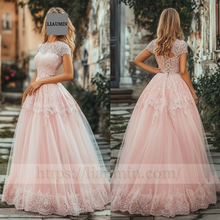 Load image into Gallery viewer, Custom Pink Tulle With Lace Applique Wedding Evening Prom Formal Princess Dress C-8.9
