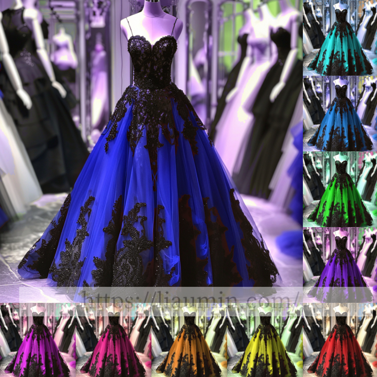 Black Lace Applique Strapless Full Length Ball Gown Evening Party Prom Princess Dress  W13-9