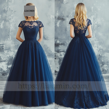 Load image into Gallery viewer, Custom Navy Blue Tulle With Lace Applique Wedding Evening Prom Formal Princess Dress C-9.11
