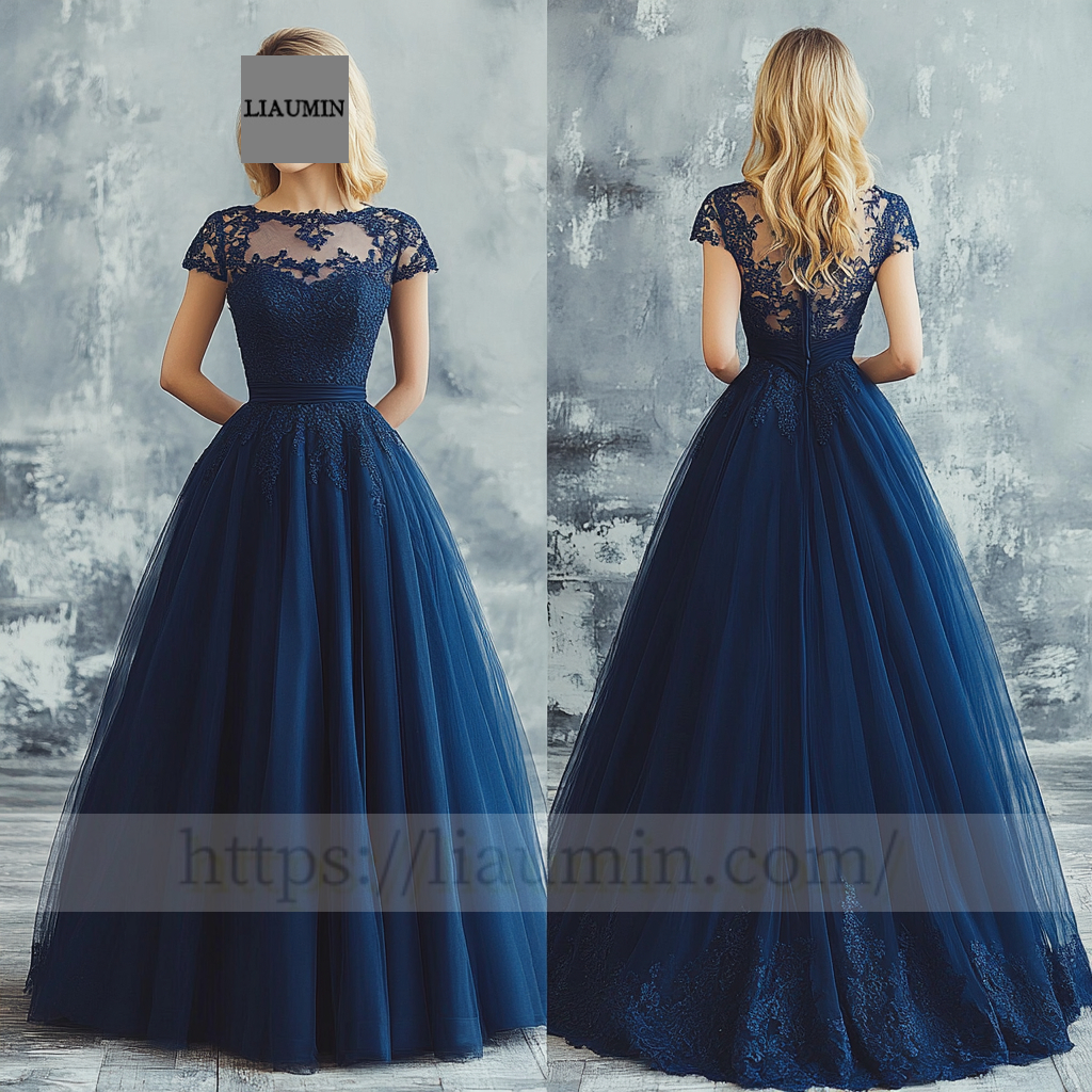 Custom Navy Blue Tulle With Lace Applique Wedding Evening Prom Formal Princess Dress C-9.11