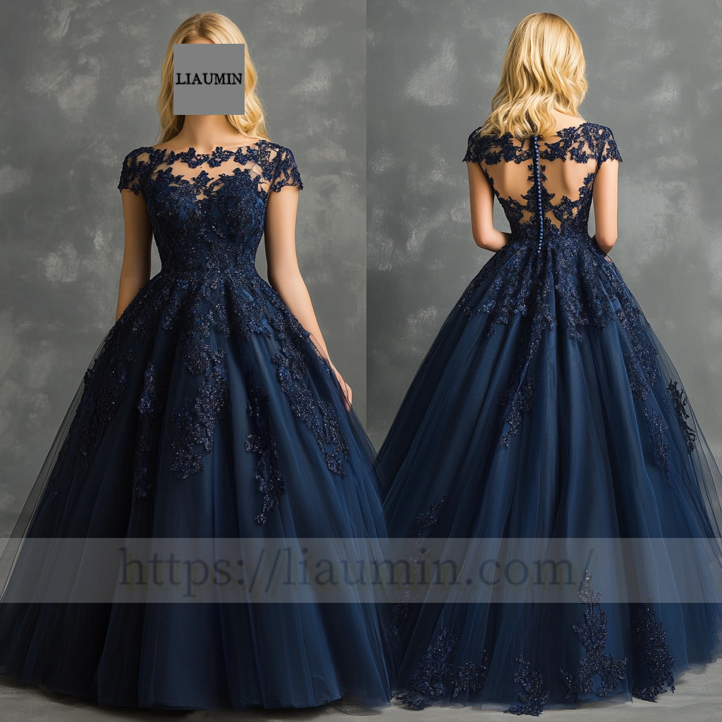 Custom Navy Blue Tulle With Lace Applique Wedding Evening Prom Formal Princess Dress C-9.1