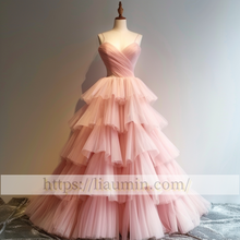 Load image into Gallery viewer, Pink Tulle Full Length Evening Prom Lace Up Back Wedding Formal Princess Dress Hand Made W15-9.1
