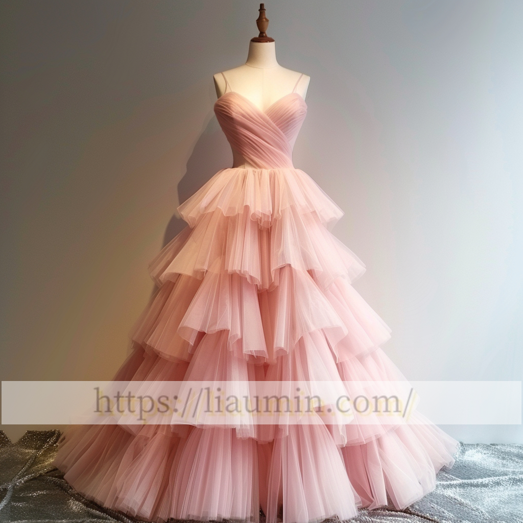 Pink Tulle Full Length Evening Prom Lace Up Back Wedding Formal Princess Dress Hand Made W15-9.1