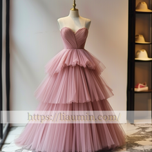 Load image into Gallery viewer, New Pink Tulle Floor Length Evening Prom Lace Up Back Wedding Formal Princess Dress Hand Made W15-9.2
